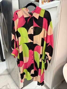 Vibrant Geometric Button-Up Shirt Dress - Multicolor Pink & Green WITH POCKETS!!